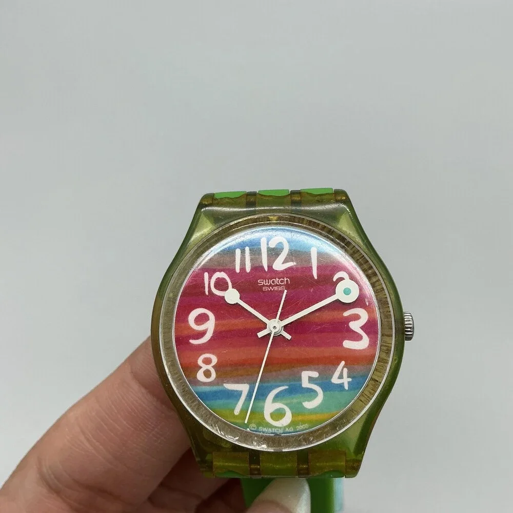 Swatch Color the Sky Mens Watch 34mm Rainbow Dial Green Strap New Battery